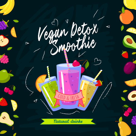 Smoothies time. Vector illustration with different smoothies and fruits on black backgroundのイラスト素材