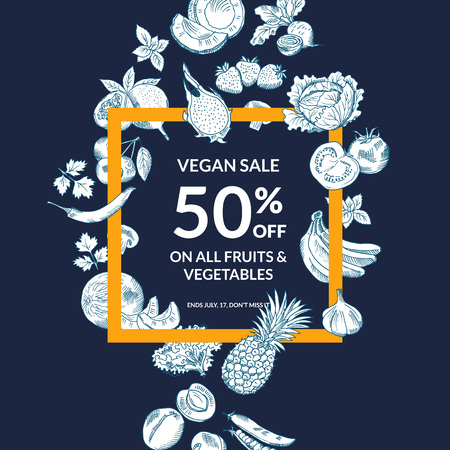 Vector sketched fruits and vegetables shop or market sale background with bold frameのイラスト素材