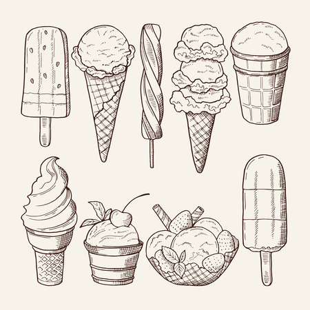 Different ice creams with chocolate and lollipops. Vector illustrations isolateのイラスト素材