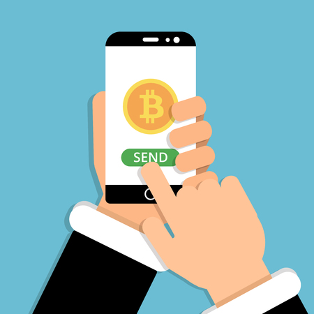 Hand holding smartphone with bitcoin symbol on screen. Vector illustration in flat styleのイラスト素材