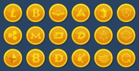 Different coins of crypto currency. Virtual electronic money. Bitcoin pictures in cartoon styleのイラスト素材