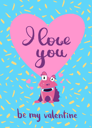 Vector Valentines Day card with hearts, cute monster and lettering on confetti backgroundの写真素材