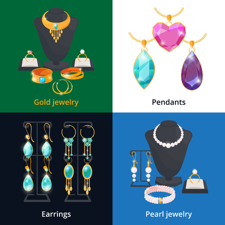 Jewelry shop with different luxury accessories. Sapphire, diamond and golden bracelet. Diamond and brilliant, pearl and jewellery, vector illustrationのイラスト素材