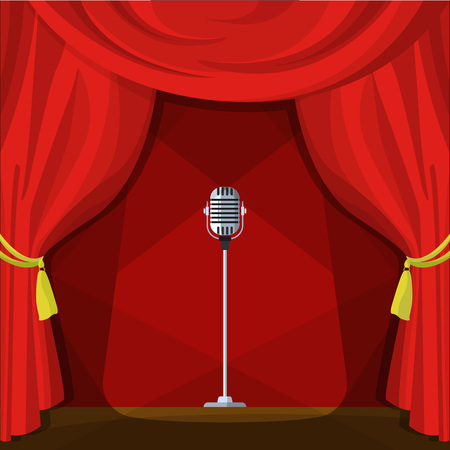 Scene with red curtains and retro microphone. Vector illustration in cartoon style. Concert show entertainment, musical theater eventのイラスト素材