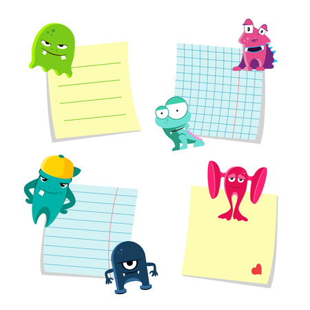 Vector small notes with shadows set kept by cute monsters isolated on white background. Illustration of monsters with notes paperのイラスト素材