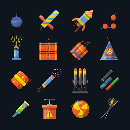 Pyrotechnics for holidays and different tools for fire show. Vector icons set in flat styleのイラスト素材