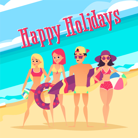 Happy holidays. Group of young people on beachのイラスト素材
