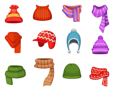 Set of winter scarfs and caps with different colors and stylesのイラスト素材