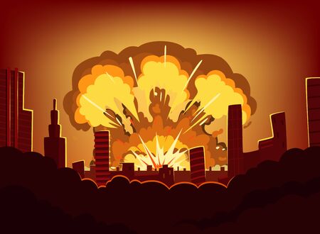 War and damages after big explosion in the city. Monochrome urban landscape with burn sky after...
