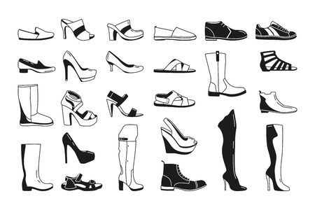 Fashion monochrome pictures. Silhouette of shoes for men and womenのイラスト素材