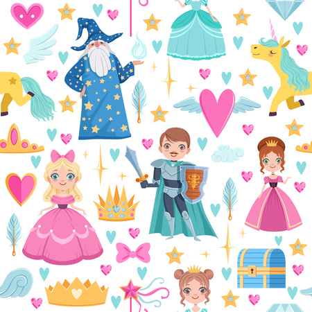Seamless pattern with different magic elements. Fairytale illustrations in cartoon styleの写真素材