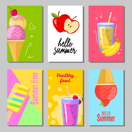 Banner set of cute sweet summer backgrounds. Summer layout design greeting cards. Ice cream, fruits and smoothieのイラスト素材