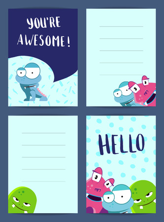 Vector vertical note cards set with pozitive writing, cute monsters on circles and blots backgroundsのイラスト素材