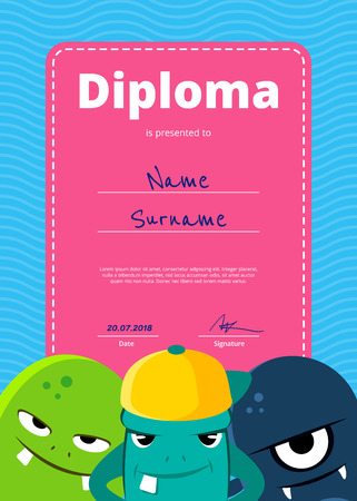 Vector children diploma or certificate with cute monsters on wavy backgroundのイラスト素材