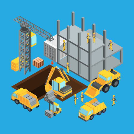Building construction stage. Isometric transport for construct. Vector illustrations setのイラスト素材