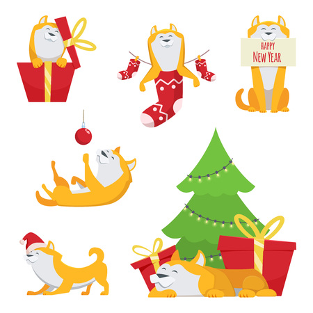 Character design in cartoon style. Yellow dog in action poses. Symbol of 2018 yearのイラスト素材