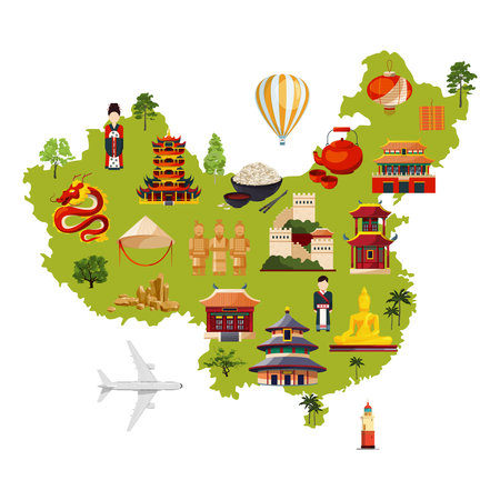 Chinese travel illustration with different cultural objects. Vector map in cartoon style