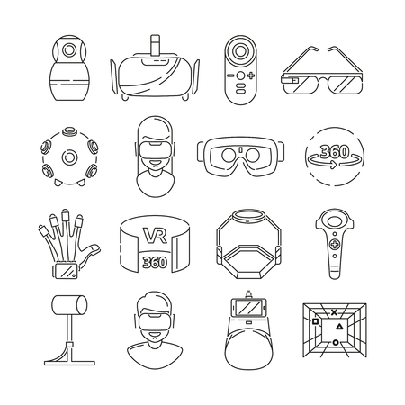 Linear symbols of technology. Virtual reality and vr glasses. 3d rotationのイラスト素材