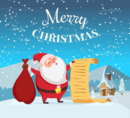 Merry christmas background illustration with funny santa. Vector design template of winter greeting cardのイラスト素材