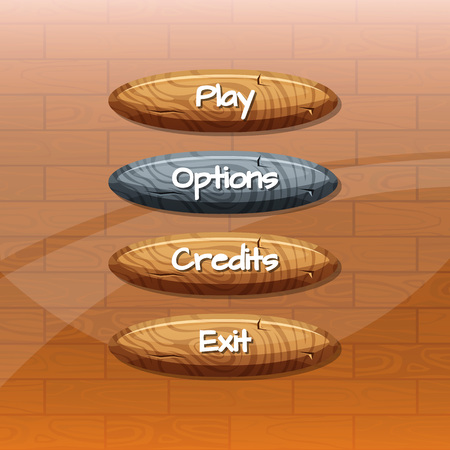 Vector cartoon style wooden buttons with text for game design on wooden texture background. Vector illustrationのイラスト素材