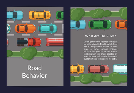 Cars on the road with grass and trees  top view card or flyer templateのイラスト素材