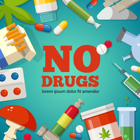 Poster with promotion of the health. Pharmaceutical pictures. No drugs and narcotic stop, danger and forbidden, marijuana ecstasy and illicit illustrationのイラスト素材