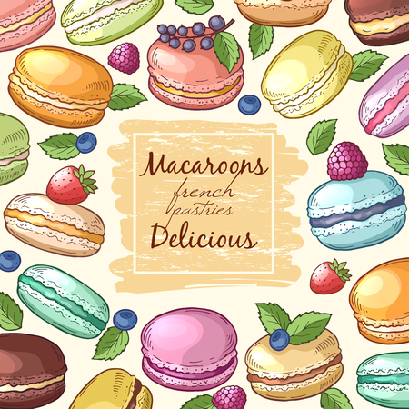Poster with colored illustrations of macaroons. Background with food pictures and place for your textのイラスト素材