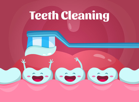 Cartoon illustrations of cute and funny teeth in mouth. Dental poster with toothbrush.のイラスト素材