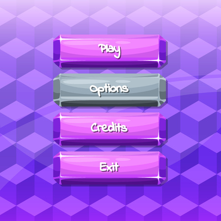 Vector cartoon style shiny gemstone buttons with text for game design on texture background illustrationのイラスト素材