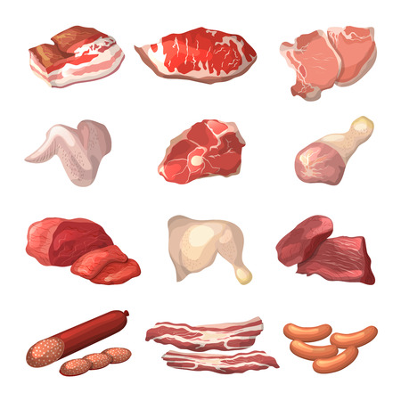 Different illustrations of meat other food pictures in cartoon styleのイラスト素材