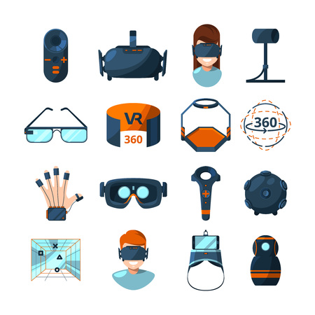 Different symbols of virtual reality vector icons set in cartoon styleのイラスト素材