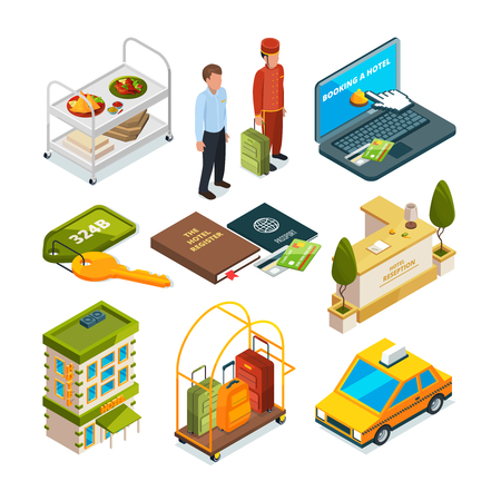 Hotel reception, isometric set of motel services illustrationsのイラスト素材