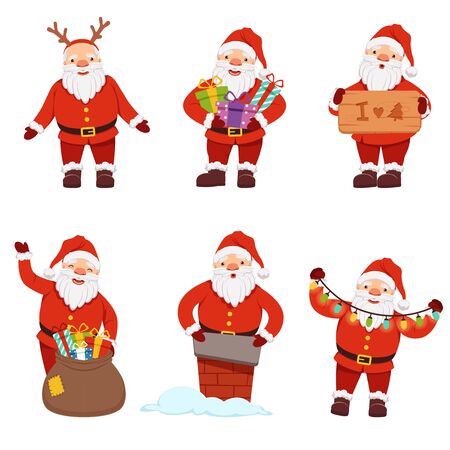 Vector illustrations of Santa Claus in action posesのイラスト素材