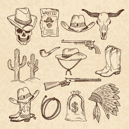 Hand drawn illustration of cowboy accessoriesのイラスト素材