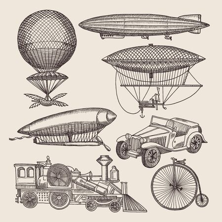 Illustrations of different retro transport in hand drawn designのイラスト素材