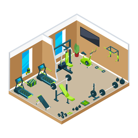 3D isometric illustrations of gym with different sport equipment for powerlifting and bodybuildingのイラスト素材