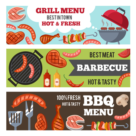 Vector horizontal banners set with illustrations of different foods for bbq partyのイラスト素材