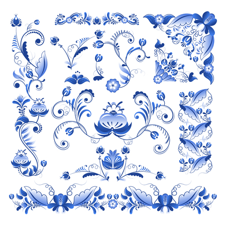Vector borders, corners and other floral elements in Gzhel styleのイラスト素材