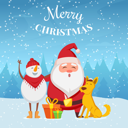 Christmas background with funny characters. Santa, snowman and yellow dogのイラスト素材
