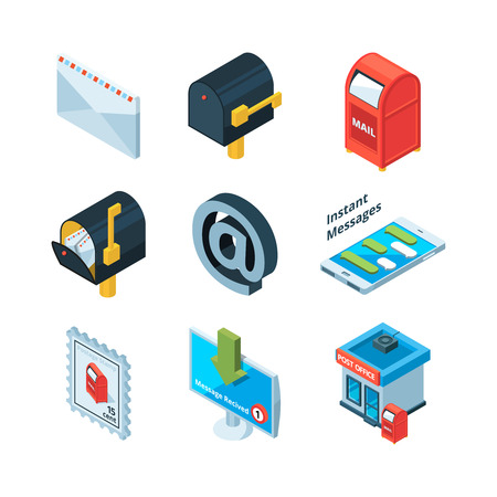 Diffrent postal symbols. Isometric pictures of mailbox, latters and email signのイラスト素材