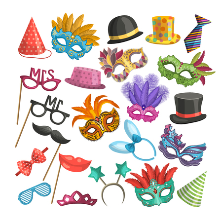 Different elements for carnival. Funny masks for masquerade. Vector illustrations in cartoon styleのイラスト素材