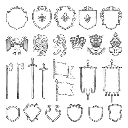 Medieval heraldic symbols isolate on white. Vector hand drawn illustrationsのイラスト素材