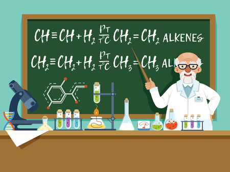Professor in his laboratory for experiments. Medical and chemical ingredients. Vector background illustrationのイラスト素材