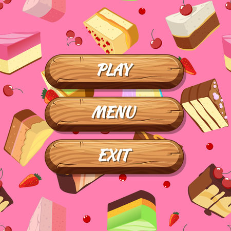 Vector cartoon style wooden buttons with text for game design on cake pieces backgroundのイラスト素材