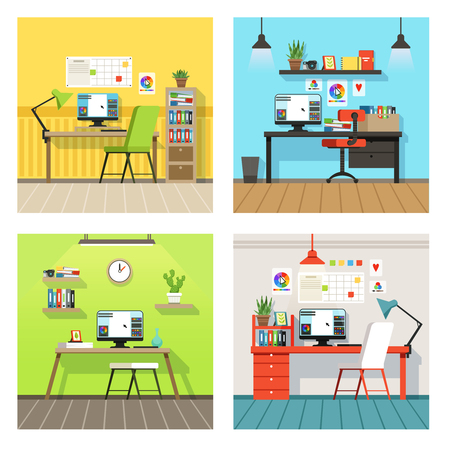 Creative work space for designers and artists with different tools. Vector banners set in cartoon styleの写真素材