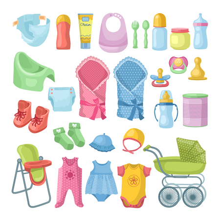 Illustrations set of newborn stuff. Different pictures set in cartoon styleの写真素材