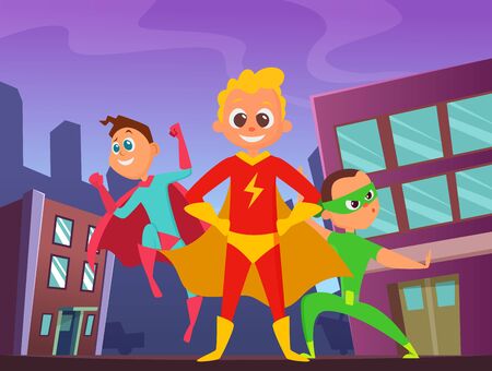 Urban background with superhero kids in action poses. Illustrations of strong and funny heroesの写真素材