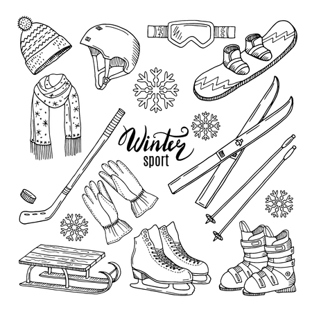 Illustrations of winter sport. Scarf, gloves, ski and othersの写真素材