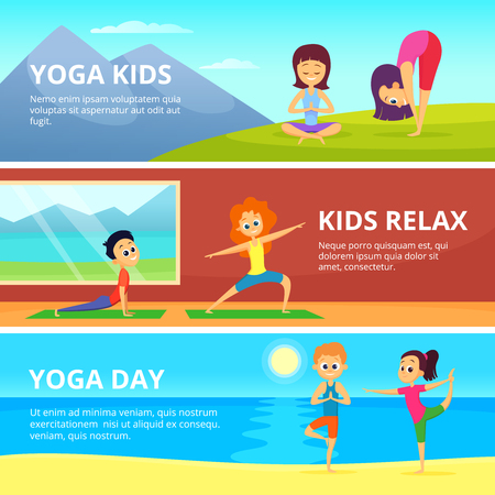 Outdoor pictures of kids making different yoga exercises.のイラスト素材