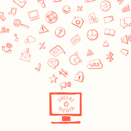 Vector background with social media hand drawn elements flying from computer monitorのイラスト素材